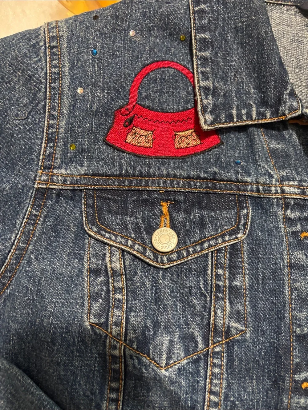 Lands' End Dark Blue Denim Jacket with Red and Light Blue Purse Patches